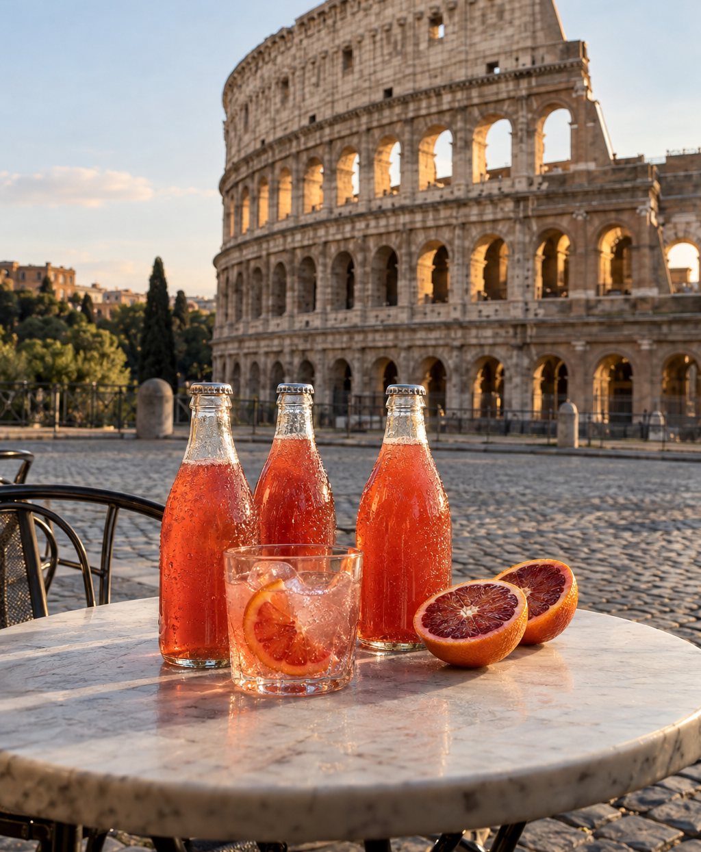 The Colosseum at golden hour, with blood-orange sodas on a café table