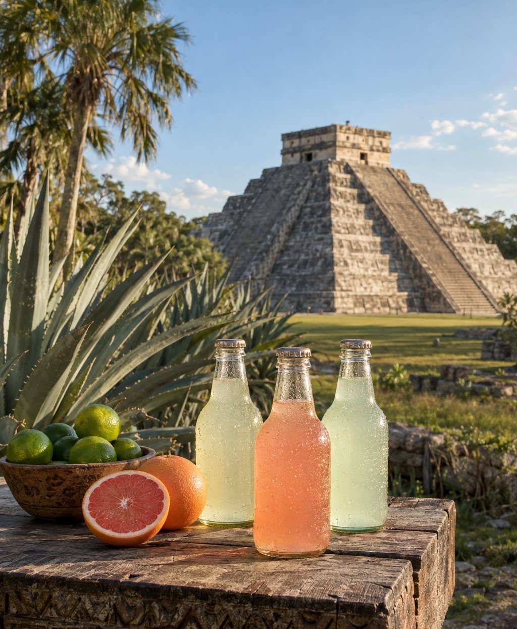 El Castillo at Chichén Itzá, with lime and grapefruit sodas beside agave plants