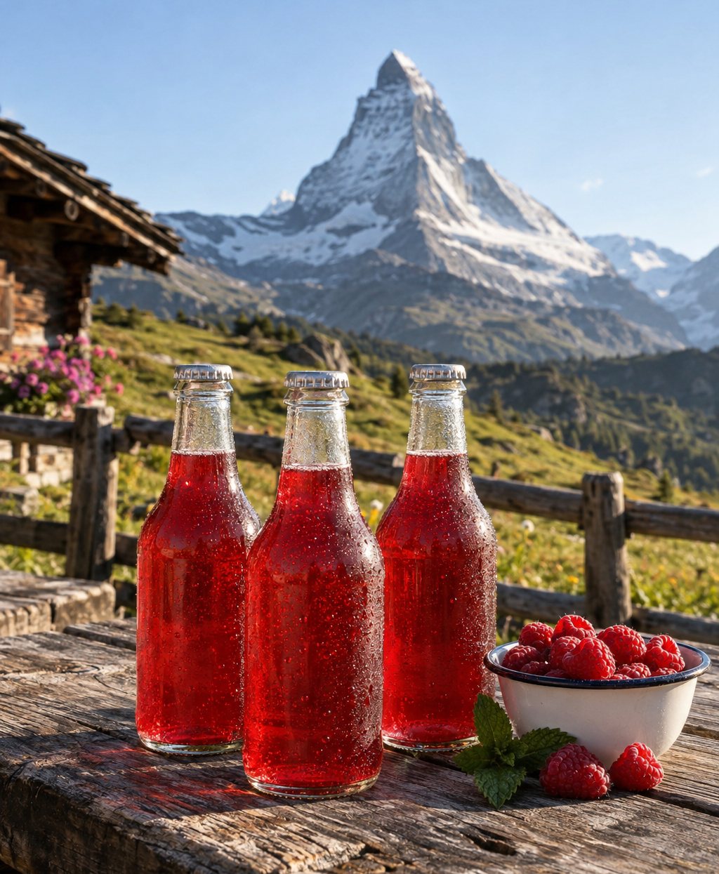 The Matterhorn above an alpine meadow, with bottles of raspberry soda on a wooden table